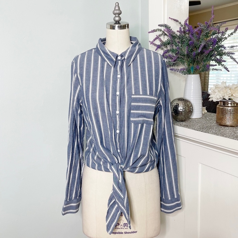 Ivanka Trump Blue Chambray Striped Button Down Tie Front Shirt Long Sleeve - Picture 2 of 11